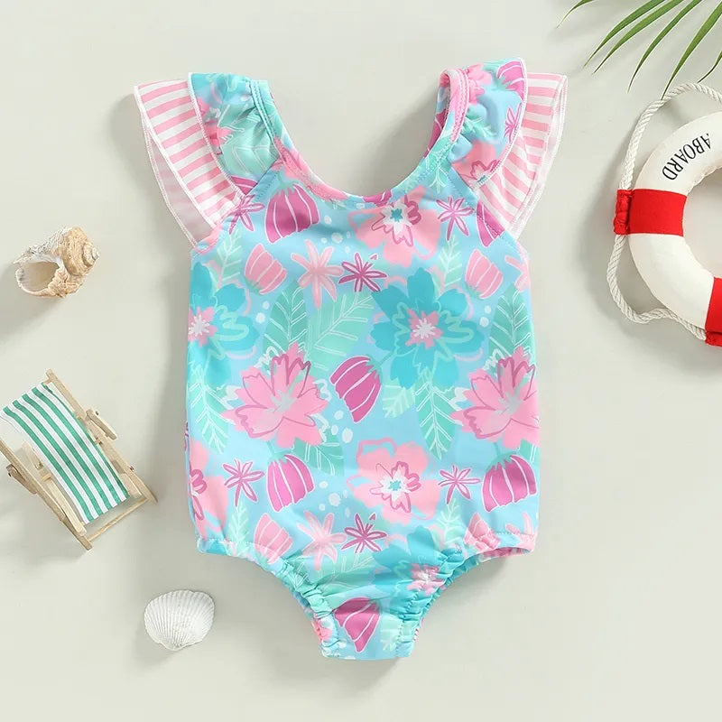 Fly Sleeve Floral Print Toddler Swimsuit