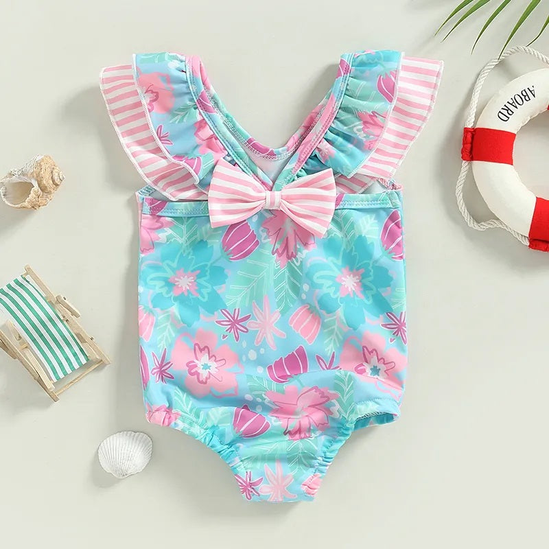 Fly Sleeve Floral Print Toddler Swimsuit