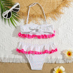 Pompom Trim Back Tie Ruffle Bikini Set