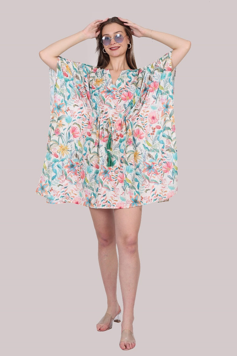 Linen Floral Short Kaftan Dress