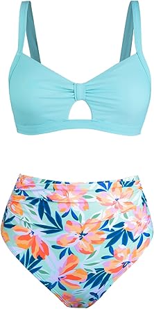 Blue Floral High Waisted Bikini Set