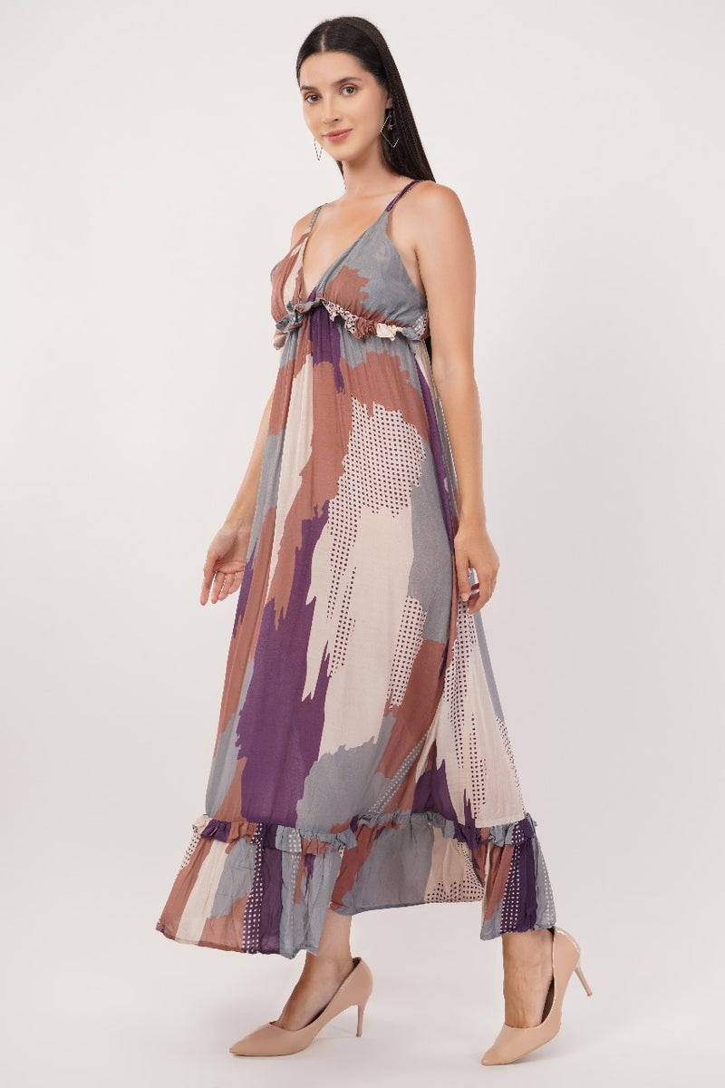 Abstract Long Ruffled Tiered Dress