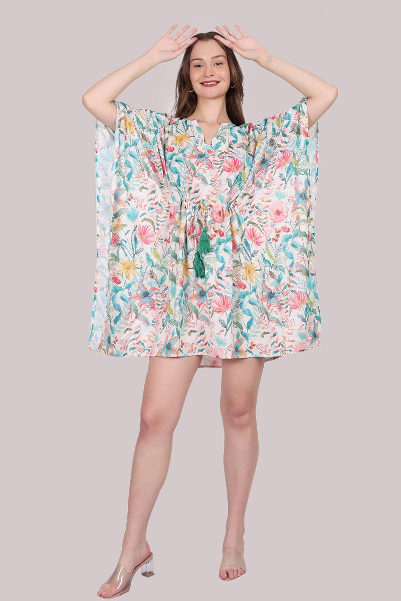 Linen Floral Short Kaftan Dress