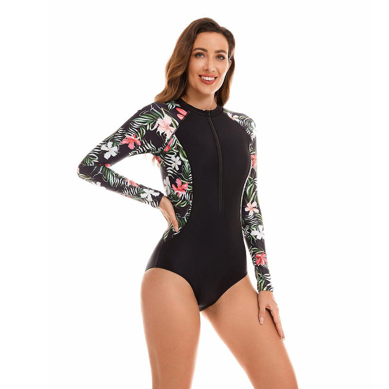 Sun Protect Hawaiian Print Zipper Swimsuit