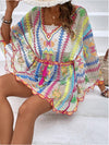 Colorful Geometric Embroidered Dolman Sleeve Lace Cover-Up