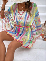 Colorful Geometric Embroidered Dolman Sleeve Lace Cover-Up