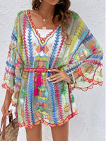 Colorful Geometric Embroidered Dolman Sleeve Lace Cover-Up