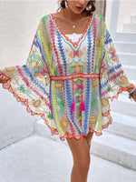 Colorful Geometric Embroidered Dolman Sleeve Lace Cover-Up