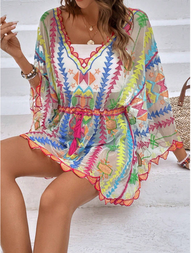 Colorful Geometric Embroidered Dolman Sleeve Lace Cover-Up