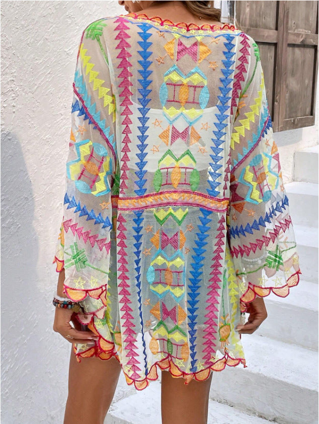 Colorful Geometric Embroidered Dolman Sleeve Lace Cover-Up