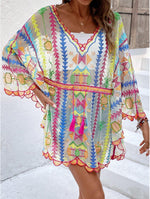 Colorful Geometric Embroidered Dolman Sleeve Lace Cover-Up