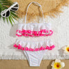 Pompom Trim Back Tie Ruffle Bikini Set