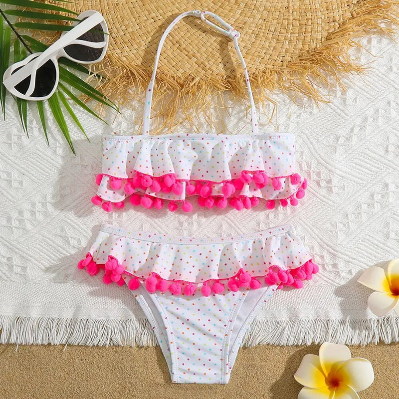 Pompom Trim Back Tie Ruffle Bikini Set