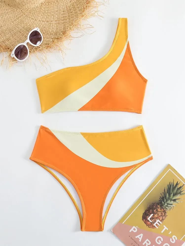 Sunburst Color Block One Shoulder Bikini Set