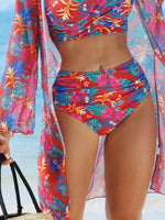 Hibiscus Print High Waist Bikini Set with Kimono