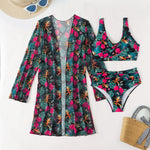 Hibiscus Print High Waist Bikini Set with Kimono