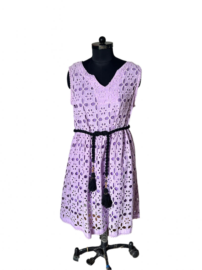 Purple sleeveless Eyelet Belted Dress