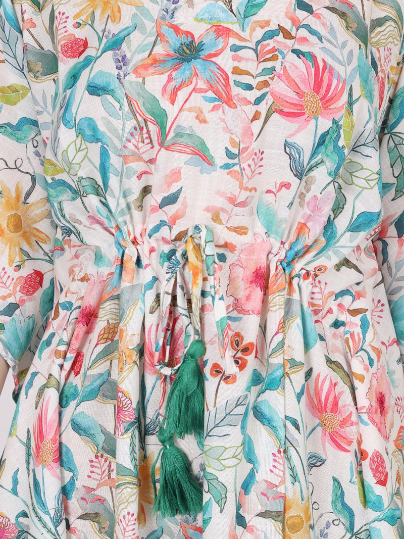 Linen Floral Short Kaftan Dress