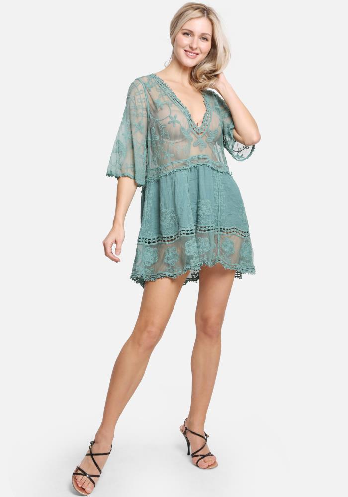 Green Floral Lace Beach Cover Up