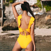 Yellow Plunge Ruffle Neck Swimsuit