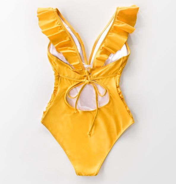 Yellow Plunge Ruffle Neck Swimsuit