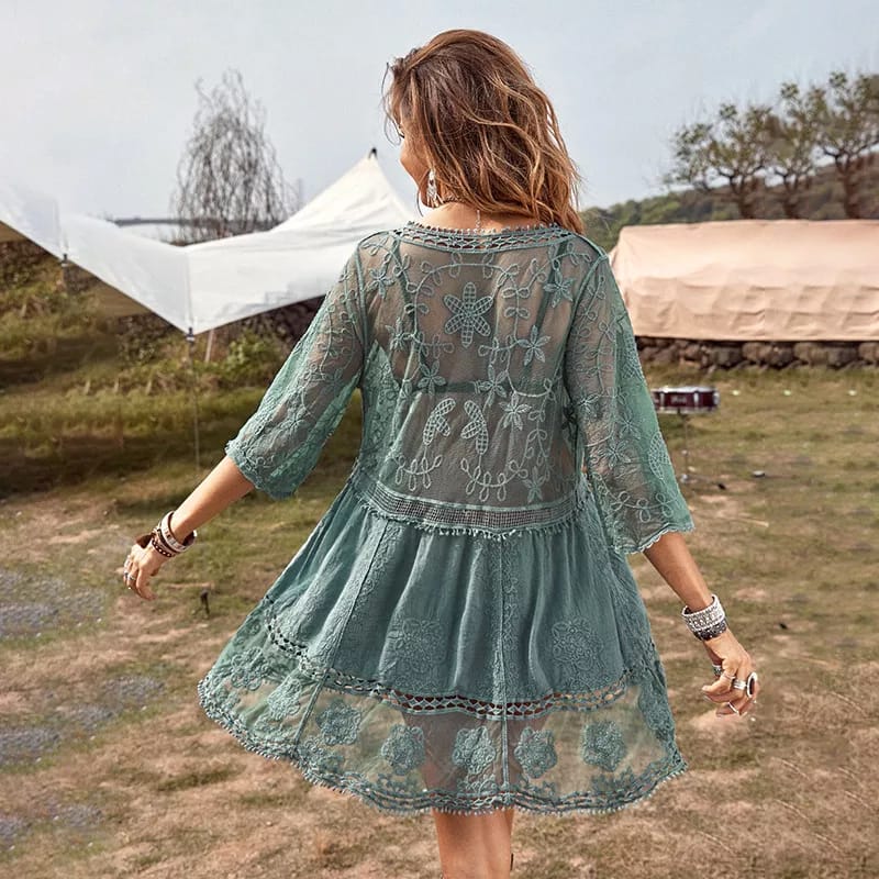 Green Floral Lace Beach Cover Up