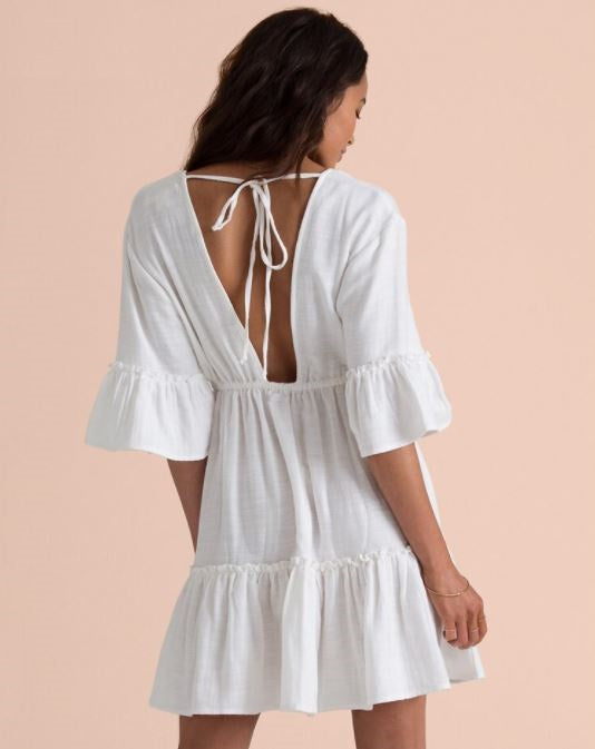 The Beach Company India - Shop for Womens beach dresses online - V Plunge Neck Mini Ruffle Dress - White resort and beach dress for ladies - womens fashionable beachwear
